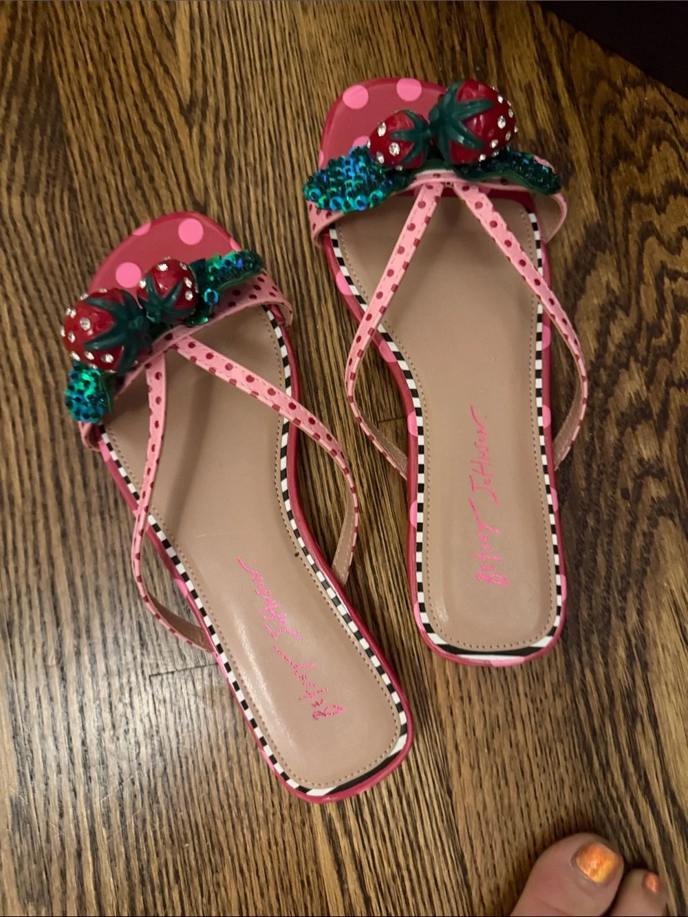 Betsey Johnson Pink Polka Dot Sandals with Red Strawberry Embellishments